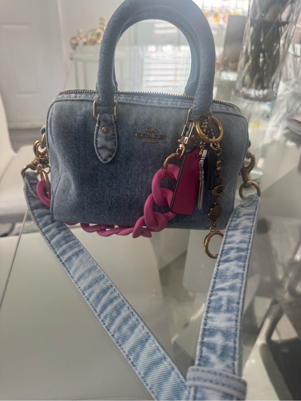 Coach Mini Rowan Crossbody Bag in Loved Denim with Pink Charm